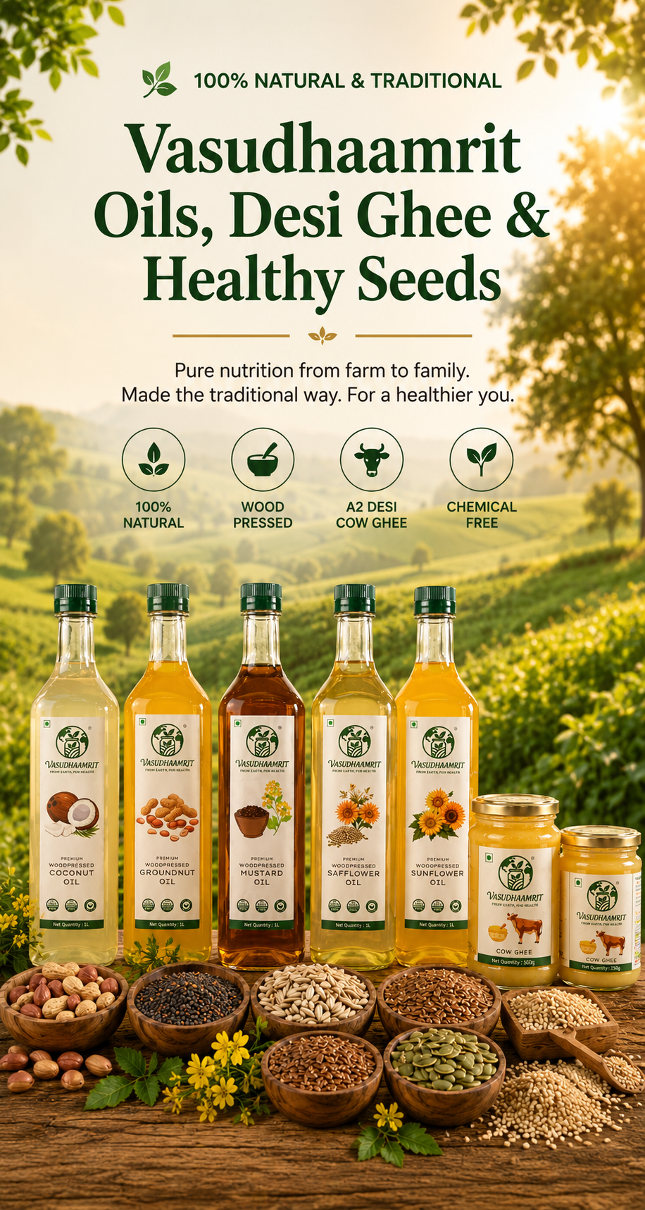 Vasudhaamrit wood pressed oils, desi cow ghee and healthy seeds arranged on a wooden table in front of green farmland