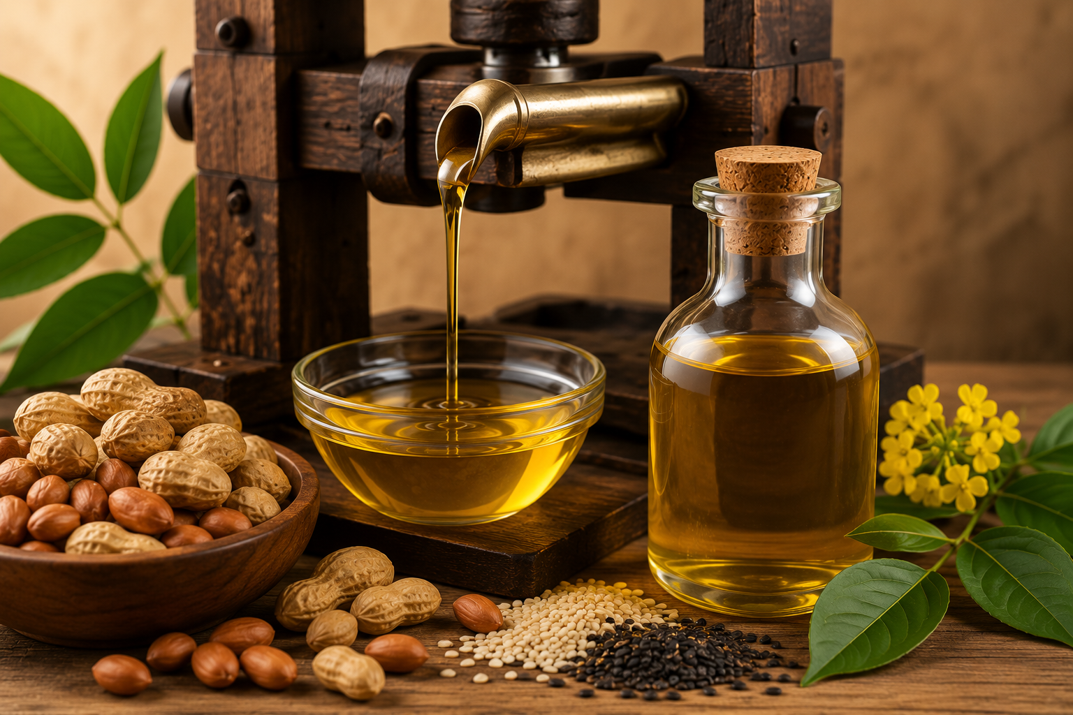 Golden oil flowing from a traditional wooden ghani into a glass bowl beside groundnuts and sesame seeds